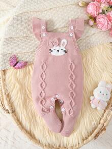 SHEIN Baby Girls' Comfortable Jumpsuit With Cap Sleeves, Bib Pants, Suitable For Autumn/Winter, Newborn, Featuring Cable Knit Cartoon Rabbit Design, Bow Accent, Elegant & Versatile, Suitable For Home, Outings, Travel, Daycare