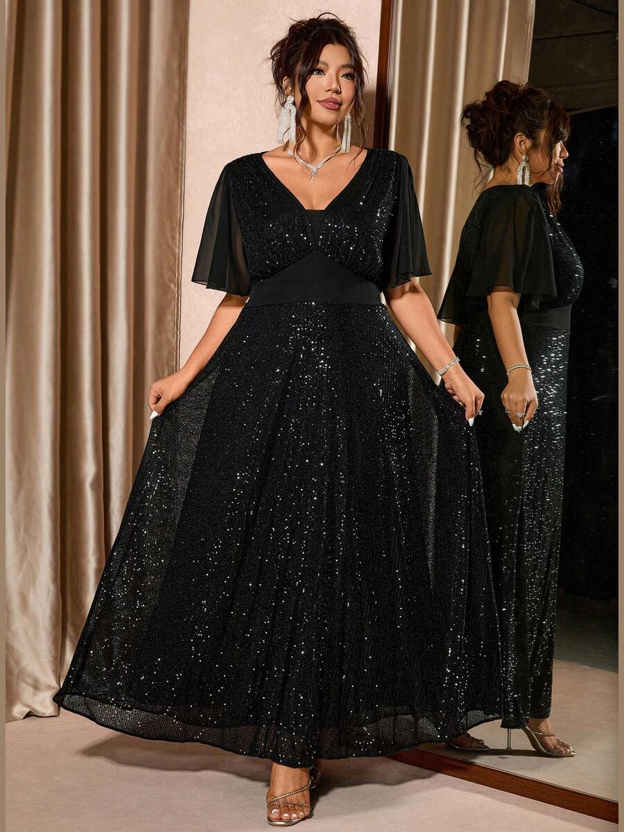 Cravure 新款V领黑色亮片拼接雪纺加大码派对连衣裙 - 黑色 - 查看 1