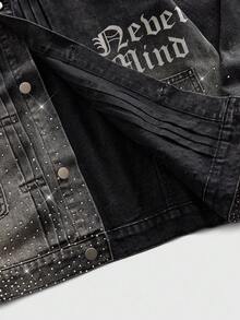 ROMWE MEN Men's Letter Print Long Sleeve Single-Breasted Rhinestone Denim Jacket, Casual Wear - Black - View 6