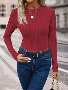 Chiquease Women's Solid Color Ribbed Crew Neck Fitted Long Sleeve T-Shirt - Red - View 3