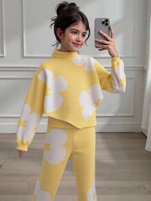 Tween Girls Cute Light Yellow 2pcs Knitted Outfit Set,Flower Pattern High-Neck Sweater&Wide-Leg Pants For Autumn,School,Back-To-School Daily Wear - Yellow - View 2