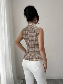 Selianne Women's Sleeveless High Collar Open Front Waist Fitted Blazer - Coffee Brown - View 2