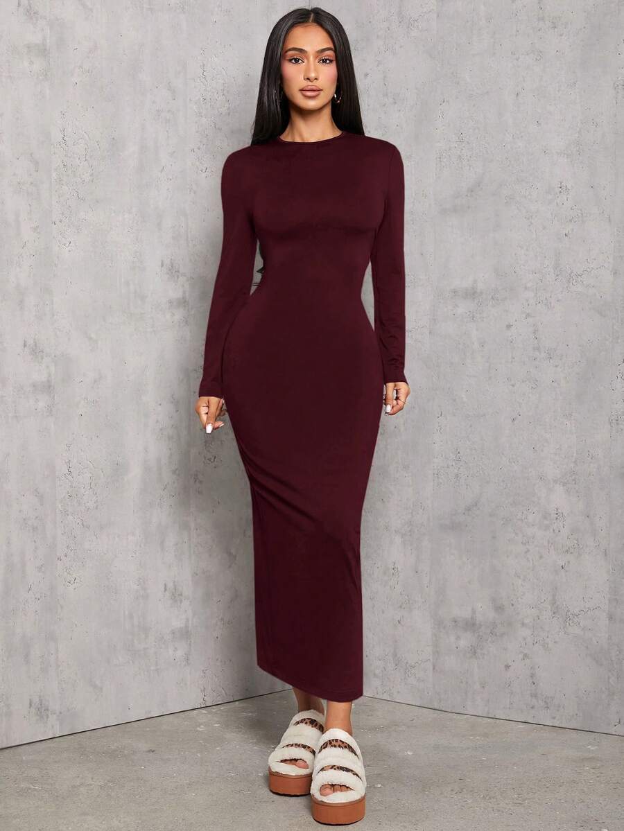 SHEIN PETITE 纯色褶腰黑色长袖连衣裙 - 中紫紅色 - 查看 1