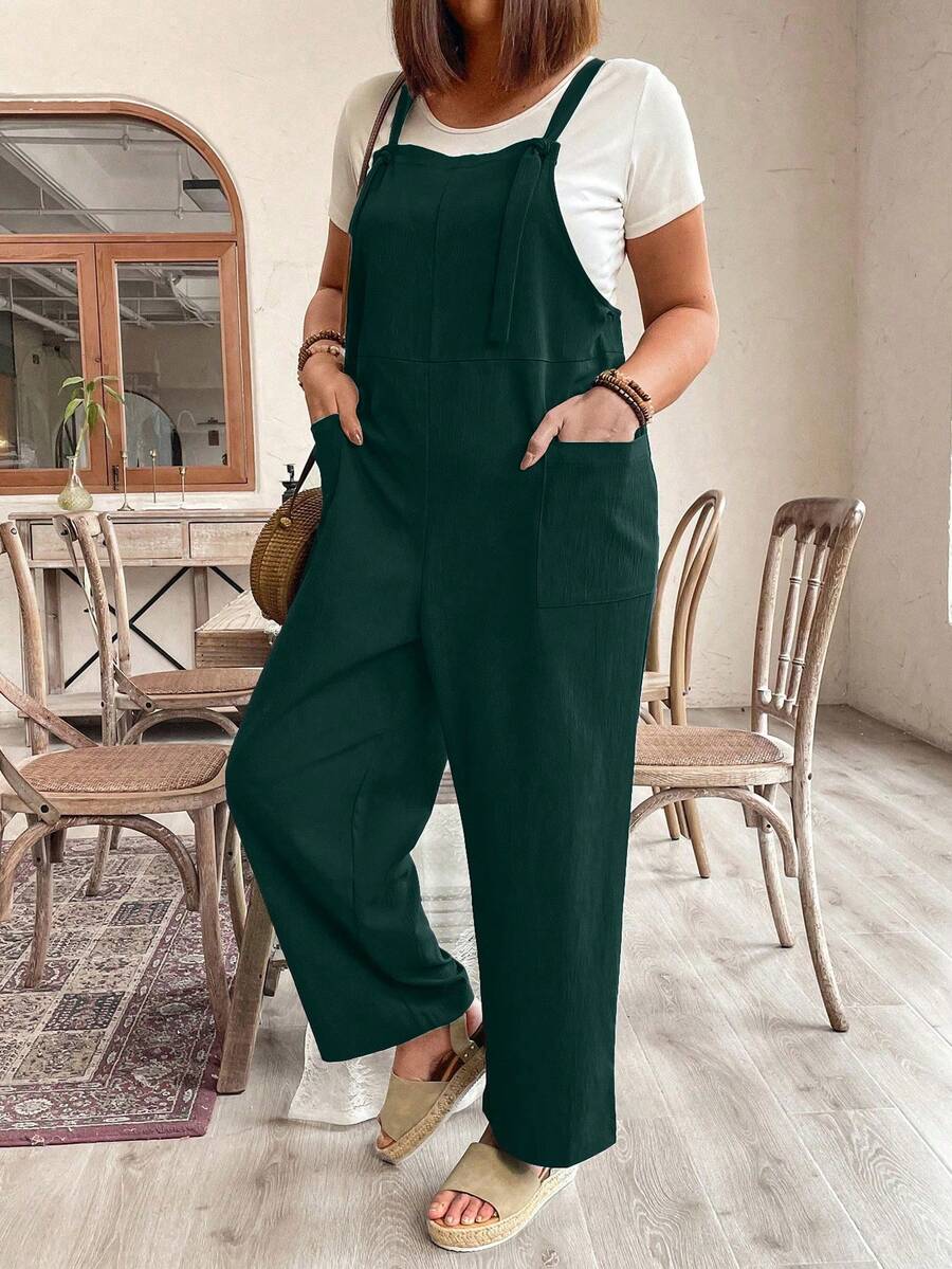 Plus Size Women's Solid Color Dual Pocket Wide Leg Loose Casual Jumpsuit - Dark Green - View 1