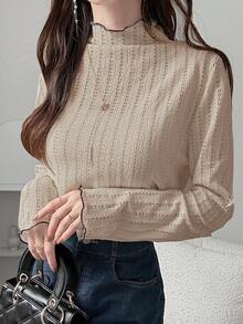 FRIFUL 女士立领撞色滚边长袖荷叶边下摆舒适透气休闲百搭T恤 - 粉色 - 查看 4