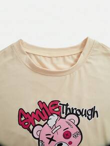 SHEIN ChillGRL 2pcs/Set Tween Girl Casual Street Style Bear Graphic Short Sleeve T-Shirt & Flare Pants Set - Multicolor - View 5