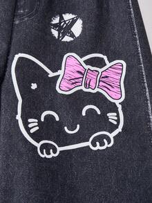 SHEIN ChillGRL Streecool 儿童休闲青少年女孩宽松街头风格牛仔印花裤、短款吊带背心、长袖连帽网眼衬衫三件套服装，时尚 - 黑色 - 查看 7