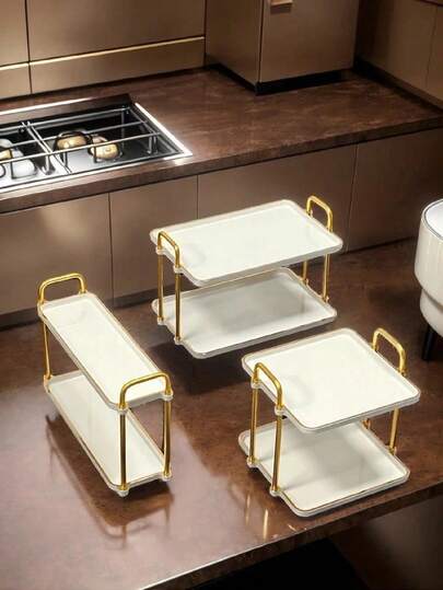 1 pièce Plateau rectangulaire blanc laiteux à 2 étages, pour servir le petit-déjeuner, le pain, le gâteau