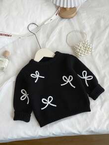 SHEIN Vintaside Kids 时尚百搭可爱蝴蝶结针织套头毛衣，适合年轻女孩 - 黑色 - 查看 4