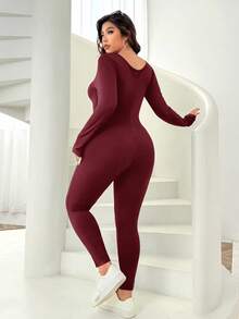 SHEIN EZwear 秋冬季针织大码保暖连体裤 - 酒紅色 - 查看 2