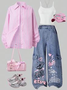 SHEIN ChillGRL Tween Girl 条纹印花长袖衬衫 + 白色吊带背心 + 字母印花阔腿牛仔裤 3 件套 - 彩色 - 查看 3