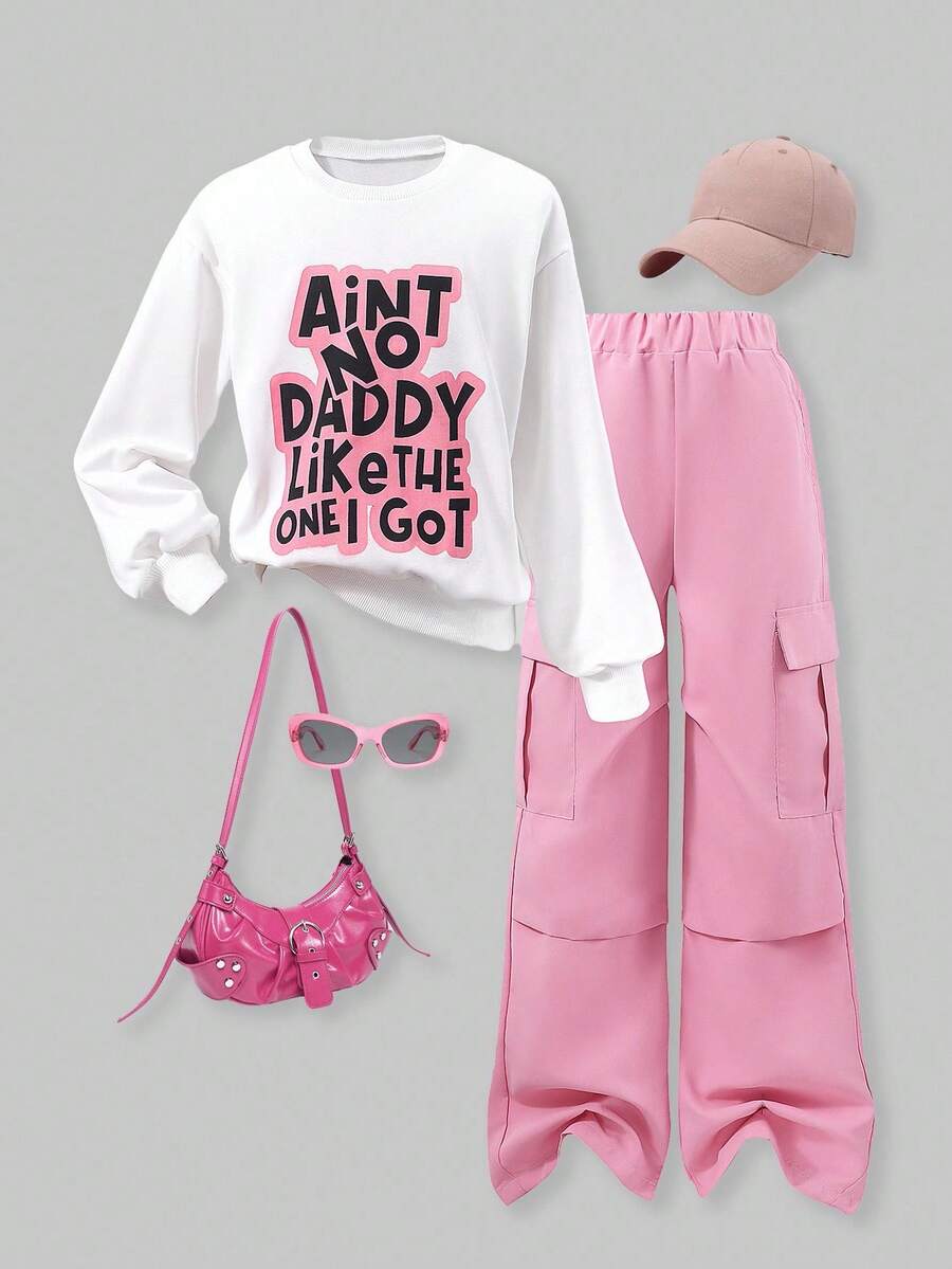 SHEIN ChillGRL 2 件套 Tween Girl 口号印花字母白色圆领运动衫搭配时尚休闲卡其色工装裤，休闲街头风格 - 粉色 - 查看 1