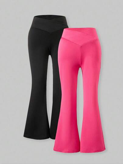 SHEIN ChillGRL Tween Girl Zestaw 2 spodni z rozszerzanymi nogawkami w kształcie litery V