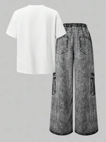SHEIN ChillGRL 两件套：少女宽松休闲简约星链印花白色圆领短袖T恤+印花宽松阔腿裤，超大版型，适合夏季穿着 - 黑色 - 查看 4