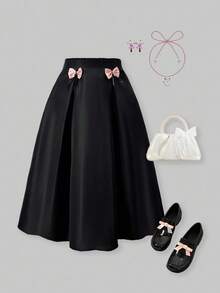 SHEIN ChillGRL 少女黑色裙子搭配粉色蝴蝶结 - 黑色 - 查看 1