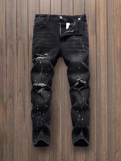SHEIN Tween Boys' Black Ripped Paint Splatter Elastic Jeans Summer Holiday,Unisex