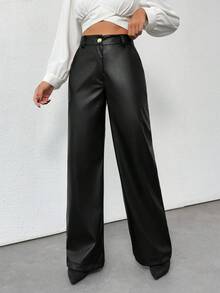 EURMUSE Gold Button Detailed Straight Fit Leather Pants - Black - View 6