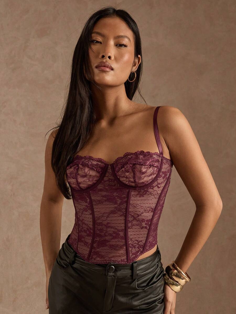 SHEIN BAE 女士酒红色情人节性感蕾丝吊带背心,红色束身胸衣,优雅性感/约会之夜/蕾丝束身胸衣/情人节/女士优雅上衣/女士节日装 - 酒紅色 - 查看 1