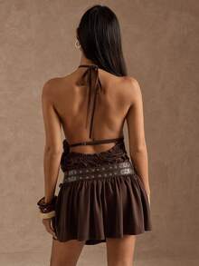 SHEIN BAE Vestido mini de mujer con cuello halter y volantes en el bajo, de unicolor - Café integral - Ver 2