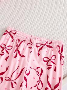 Pajama For Kids Girl 2-Piece Set - Pink Bow Close-Fitting Pajamas Sweet Bow Print Crew Neck Design Pink Sweet Girl Color Modal Elastic Fabric Long Sleeve Crew Neck Fitted Top Tight Pants Bow Combo Social Media Style Sweet Girl Spring Summer Autumn Winter Holiday Essential Tween Girl Close-Fitting Home Set Snug Fit Bowknot Print Pajama Set - Pink - View 6