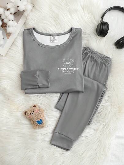 2pcs Tween Boys Cute Bear Pattern Grey Base Snug Fit Long Pants And Long Sleeve Pajama Set Kids Loungewear Boys Sleepwear Boys Lounge Set Boys Pajama Sets Back Bear Print Design 2026 Holiday Vacation Essential Spring Summer Edition