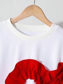 Sparklyn Cute And Sweet Valentine's Day Party Dress For Girls With Heart-Shaped Ruffles, Round Neck, Loose Fit, Long Sleeves, White Sweatshirt. - White - View 5