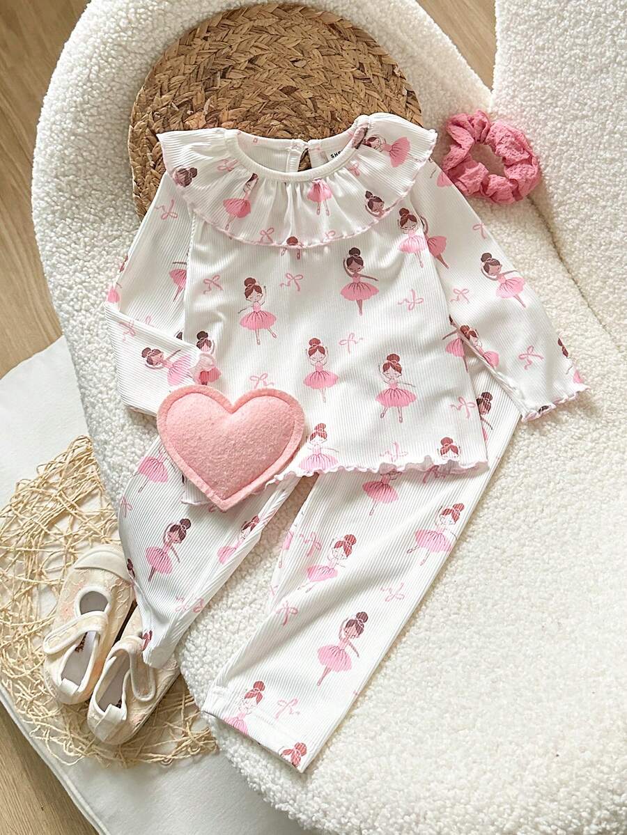 SHEIN 2件套女婴荷叶边领长袖上衣和裤子公主风可爱休闲套装，适合春秋季日常穿着或居家休闲。 - 彩色 - 查看 1