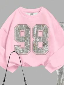 SHEIN Leap Crew 少女秋季迷彩树枝树叶图案，运动数字98印花，美式复古甜美风，高中校园风，网络热销，都市漫步，街头潮流，休闲校园运动风，少女针织圆领字母印花宽松卫衣搭配喇叭裤两件套休闲套装 - 彩色 - 查看 4