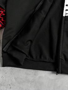 ROMWE MEN Friday the 13th X ROMWE Men's Patchwork Striped Mask Print Zip-Up Hooded Sweatshirt, Autumn - Black - View 4