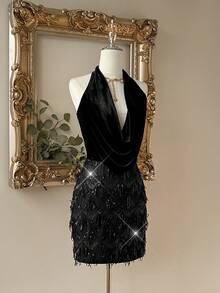 Lovelzi Đầm ngắn bodycon tua rua cổ yếm hở vai phong cách Millennium Baddie thanh lịch, màu đen, viền bèo nhún, phù hợp với nhiều dịp khác nhau, đầm dự tiệc cho nữ, đầm lưới, đầm trang trọng - màu đen - Xem 2