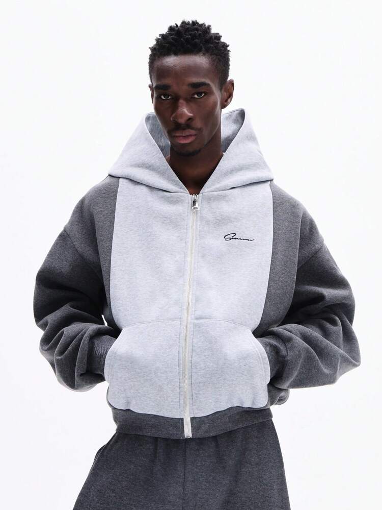 Oversized Color Block Zip Up Hoodie With Hood
