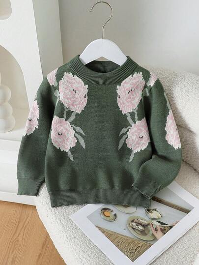 Souflis Souflis Young Girl Green Knitted Sweater - Versatile & Stylish For Autumn & Winter, Retro Pink Floral Pattern Long-Sleeve Pullover Sweater For - Gentle, Fashionable & Designer Style, Suitable For Daily Wear, Festive Occasions, Outdoor Activities, Travel, Vacation, Home Wear & Back-To-School, Easy To Match. Girl Sweater For Jumper Jumper Girl Autumn And Winter