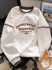 INAWLY 女士新款秋冬宽松复古圆领拼接卫衣，学院风撞色字母印花及贝壳刺绣保暖内衬休闲套头卫衣，适合街头穿搭、运动、散步、上学等场合。 - 淺灰色 - 查看 1