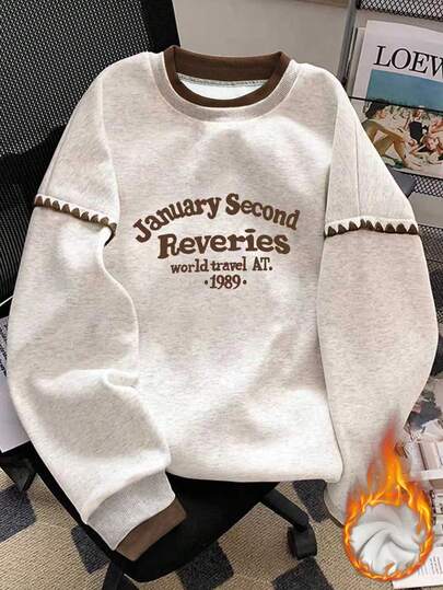 INAWLY 女士新款秋冬宽松复古圆领拼接卫衣，学院风撞色字母印花及贝壳刺绣保暖内衬休闲套头卫衣，适合街头穿搭、运动、散步、上学等场合。
