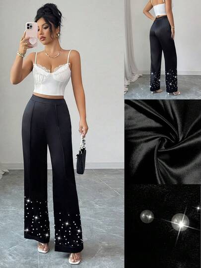 SHEIN Elenzya Pantalones de pierna recta con decoración de perlas degradadas, elegante y romántico, adecuado para fiestas y eventos