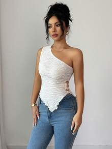 SHEIN Elenzya 女士新款春夏秋季休闲通勤旅行上衣，纹理面料，不对称下摆，不对称斜肩设计，侧边金属装饰，适合女性在秋季、情人节、新年、假期、万圣节、圣诞节等场合穿着。 - 杏色 - 查看 3