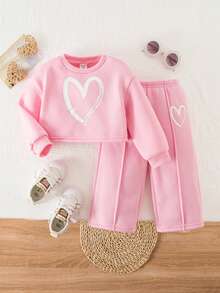 SHEIN Babygirl Cute Grey Long Sleeve Sweatshirt & Elastic Waist Pants Set, Autumn/Winter - Pink - View 1
