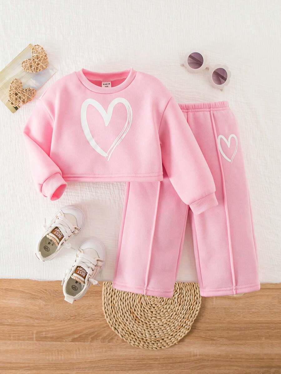 SHEIN Babygirl Cute Grey Long Sleeve Sweatshirt & Elastic Waist Pants Set, Autumn/Winter - Pink - View 1