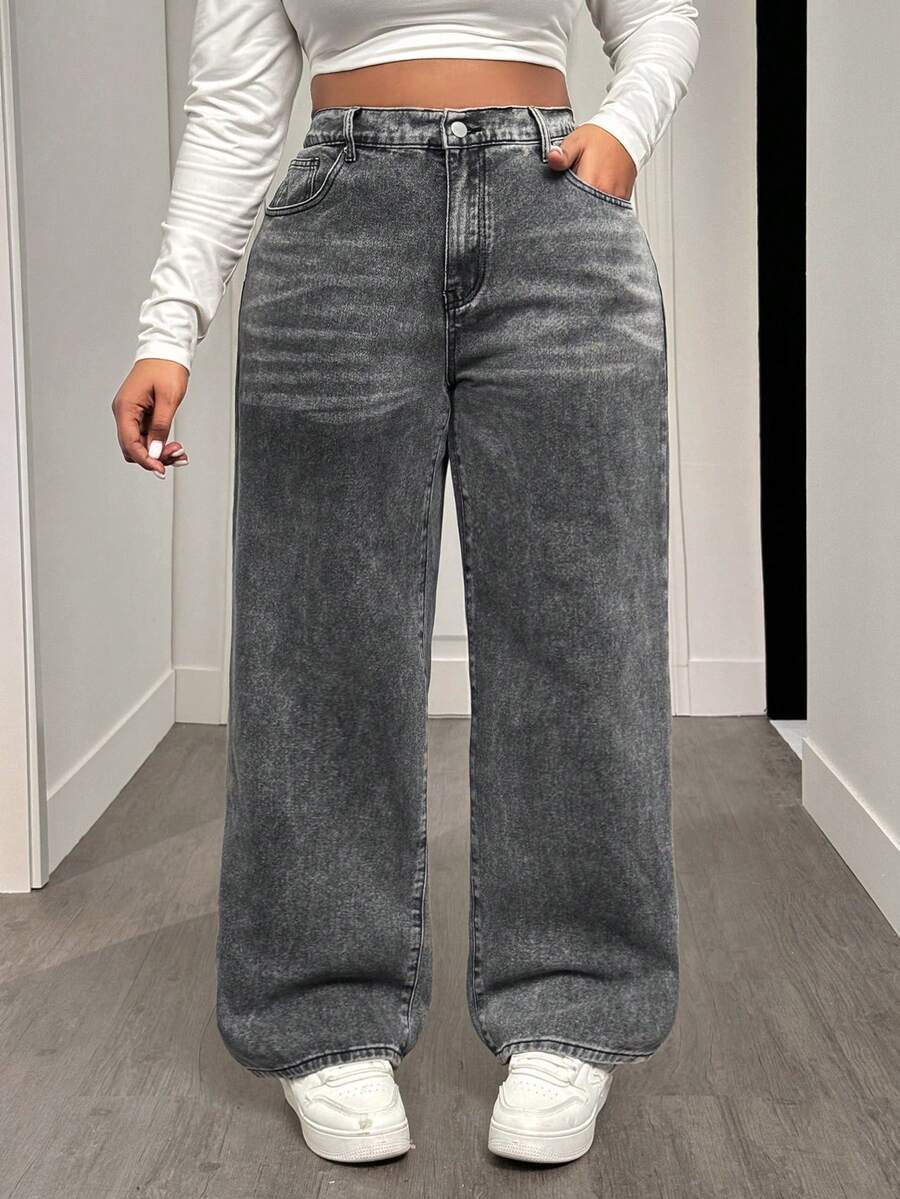 SHEIN ICON Plus Size Casual Loose Wide Leg Button Pocket Jeans - Light Grey - View 1