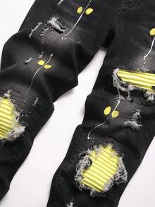 Manfinity LEGND Men's Contrast Color Ripped Pocket Casual Denim Jeans Men Ripped Splash Ink Jeans Drip Jeans