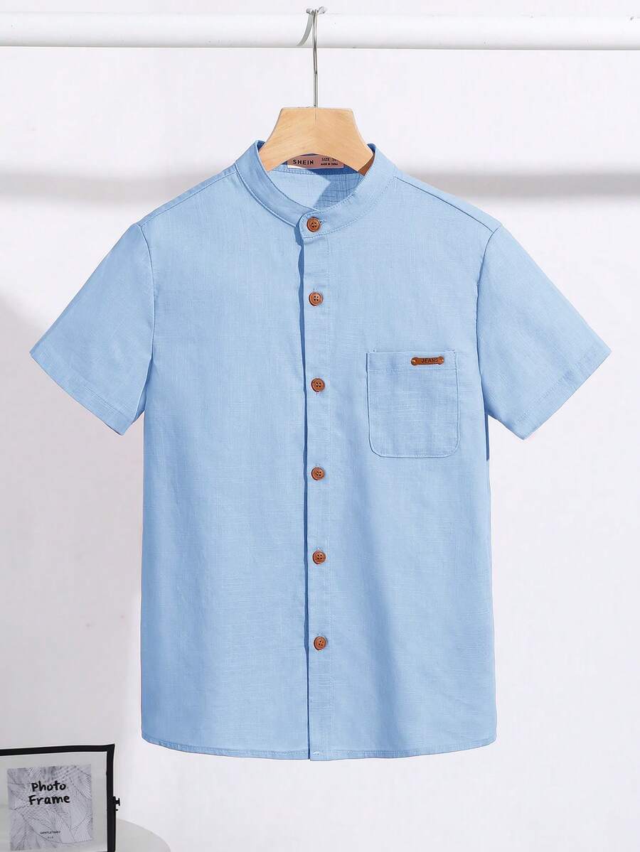 SHEIN Chemise décontractée ample et confortable à manches courtes avec boutons et couleurs contrastées pour garçon préadolescent - Bleu ciel - Voir 1