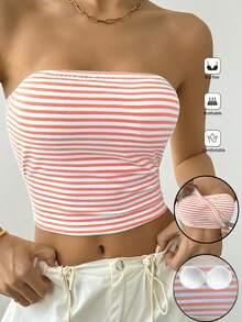 SHEIN PETITE 女士条纹抹胸上衣，夏季时尚 - 粉色 - 查看 1