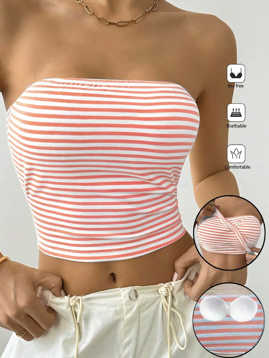 SHEIN PETITE 女士条纹抹胸上衣，夏季时尚 - 粉色 - 查看 1