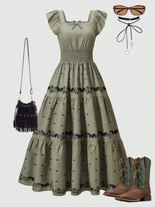 SHEIN ChillGRL 青少年女孩盖袖花卉印花褶皱 A 字连衣裙夏季女童服装