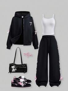 SHEIN Explorewe Conjunto de 3 peças com estampa de laço para meninas pré-adolescentes, blusa, calça e jaqueta, outono e inverno - Preto - Ver 1