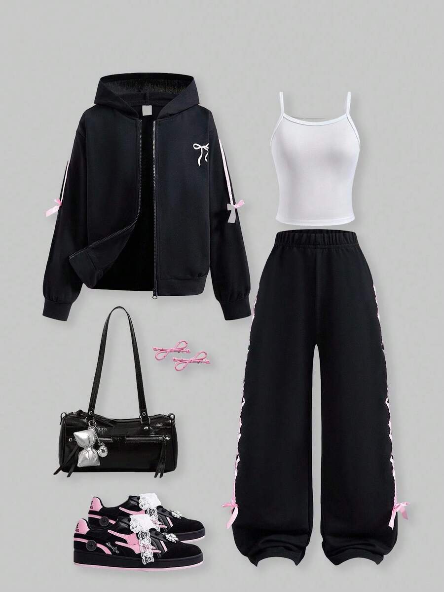 SHEIN Explorewe Conjunto de 3 peças com estampa de laço para meninas pré-adolescentes, blusa, calça e jaqueta, outono e inverno - Preto - Ver 1