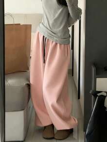 EMERY ROSE Women's Solid Blush Pink Elastic Waist Pockets Drawstring Loose Casual Jogger Pants - Baby Pink - View 5