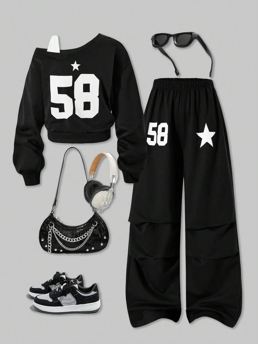 SHEIN ChillGRL 2件組 HYPEME 青少年女孩不對稱肩長袖 58號印花寬鬆長褲,學院風,四季舒適 - 黑色 - 查看 1