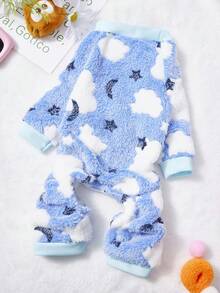 PETSIN 1pc White Star Printed Pet Jumpsuit, Blue And White Autumn And Winter Flannel Warm And Comfortable Pet Warm Clothes