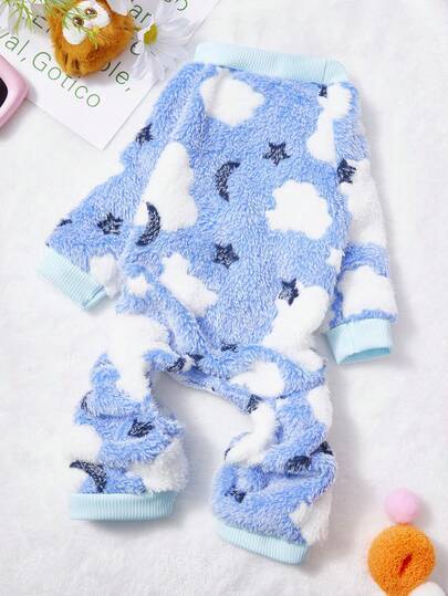 PETSIN 1pc White Star Printed Pet Jumpsuit, Blue And White Autumn And Winter Flannel Warm And Comfortable Pet Warm Clothes